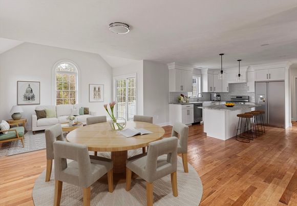 Dining room, Interior, Kitchen, Living room, Pendant Lights, Stainless Steel Appliances, Wood Texture Flooring