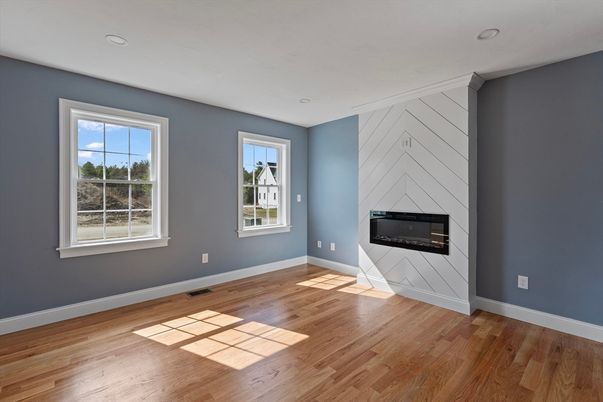 Empty room, Fireplace, Interior, Recessed Lighting, Wood Texture Flooring