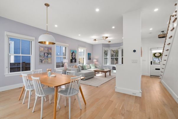 Dining room, Interior, Living room, Pendant Lights, Recessed Lighting, Wood Texture Flooring