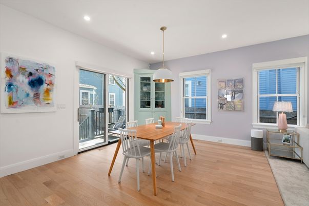 Dining room, Interior, Pendant Lights, Recessed Lighting, Wood Texture Flooring