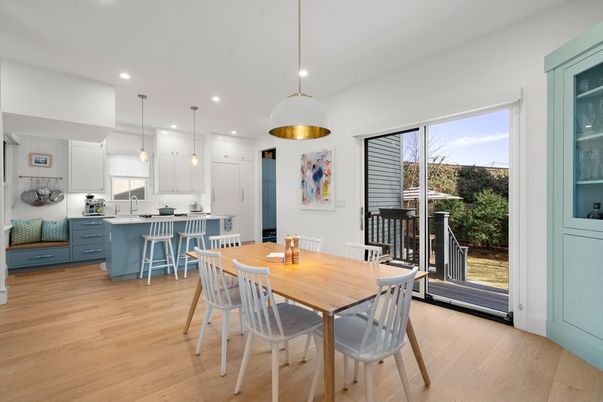 Dining room, Interior, Kitchen, Pendant Lights, Recessed Lighting, Wood Texture Flooring