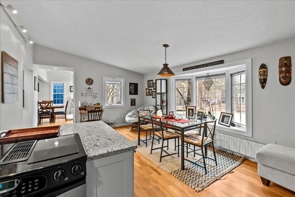 Dining room, Interior, Pendant Lights, Recessed Lighting, Wood Texture Flooring