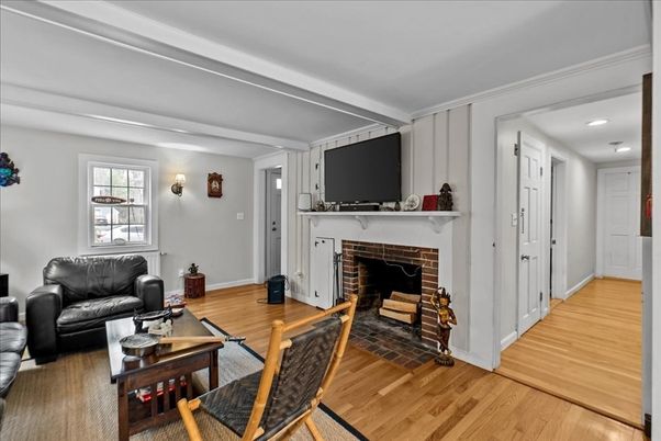 Fireplace, Interior, Living room, Recessed Lighting, Wood Texture Flooring