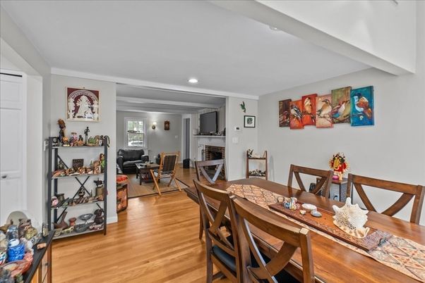 Dining room, Interior, Living room, Recessed Lighting, Wood Texture Flooring