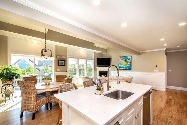 Dining room, Fireplace, Interior, Kitchen, Living room, Pendant Lights, Recessed Lighting, Wood Texture Flooring
