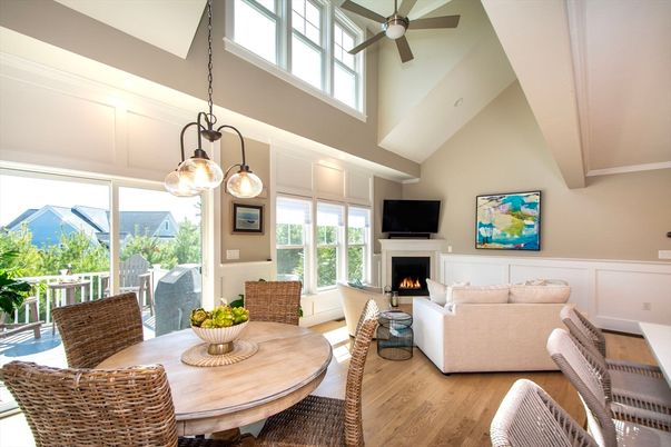 Dining room, Fireplace, Interior, Living room, Pendant Lights, Wood Texture Flooring