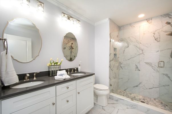 Bathroom, Dual Sink Vanities, Glass Shower, Interior, Marble, Marble Walls, Recessed Lighting