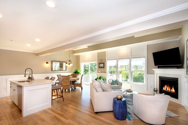 Dining room, Fireplace, Interior, Kitchen, Living room, Pendant Lights, Recessed Lighting, Wood Texture Flooring