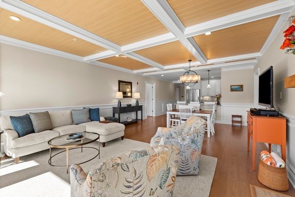 Chandelier, Dining room, Interior, Living room, Pendant Lights, Recessed Lighting, Wooden Ceilings, Wood Texture Flooring