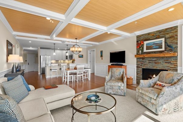 Dining room, Fireplace, Interior, Kitchen, Living room, Pendant Lights, Recessed Lighting, Stainless Steel Appliances, Stone Walls, Wooden Ceilings, Wood Texture Flooring