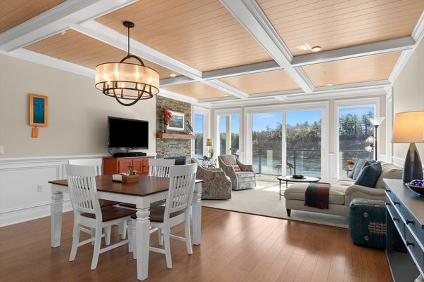 Chandelier, Dining room, Interior, Living room, Recessed Lighting, Wooden Ceilings, Wood Texture Flooring