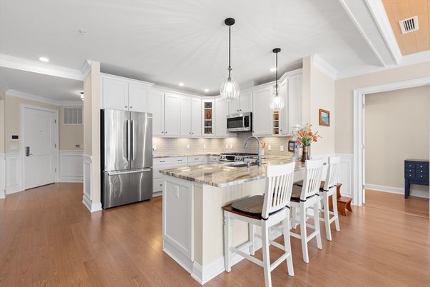 Interior, Kitchen, Pendant Lights, Recessed Lighting, Stainless Steel Appliances, Wood Texture Flooring