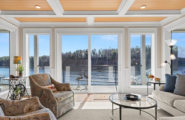 Interior, Living room, Recessed Lighting, Sun Room, Water, Wooden Ceilings