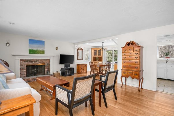 Dining room, Fireplace, Interior, Living room, Pendant Lights, Wood Texture Flooring
