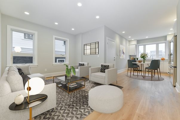 Dining room, Interior, Living room, Recessed Lighting, Wood Texture Flooring