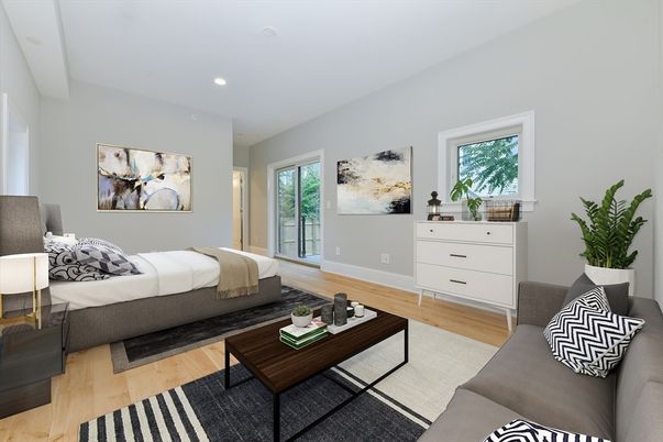 Bedroom, Interior, Living room, Recessed Lighting, Wood Texture Flooring