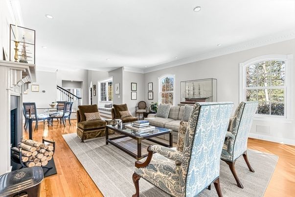 Dining room, Fireplace, Interior, Living room, Recessed Lighting, Wood Texture Flooring