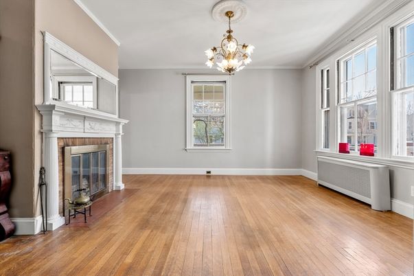 Chandelier, Empty room, Fireplace, Interior, Wood Texture Flooring