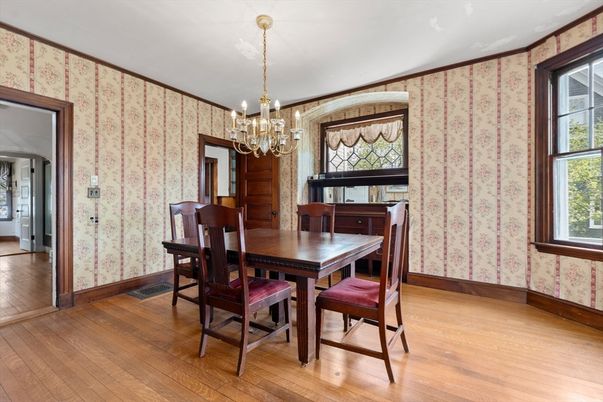 Chandelier, Dining room, Interior, Wood Texture Flooring