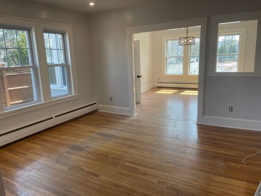 Chandelier, Empty room, Interior, Recessed Lighting, Wood Texture Flooring