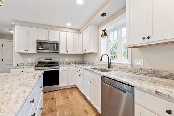 Interior, Kitchen, Pendant Lights, Recessed Lighting, Stainless Steel Appliances, Wood Texture Flooring