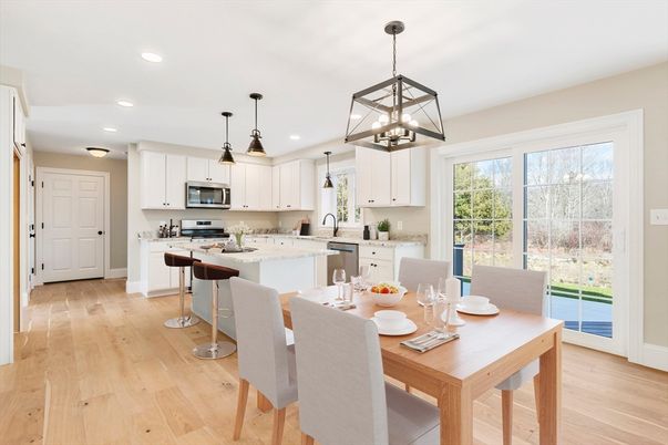 Dining room, Interior, Kitchen, Pendant Lights, Recessed Lighting, Stainless Steel Appliances, Wood Texture Flooring