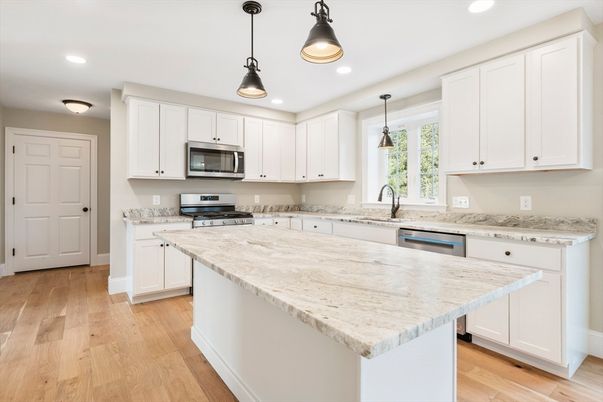 Interior, Kitchen, Pendant Lights, Recessed Lighting, Stainless Steel Appliances, Wood Texture Flooring