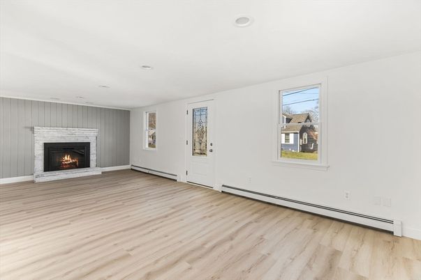 Empty room, Fireplace, Interior, Recessed Lighting, Wood Texture Flooring