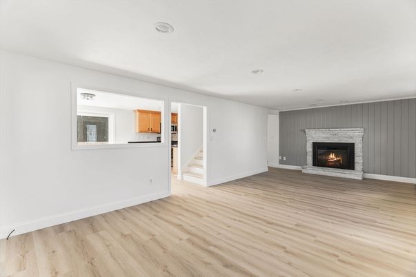 Empty room, Fireplace, Interior, Recessed Lighting, Wood Texture Flooring