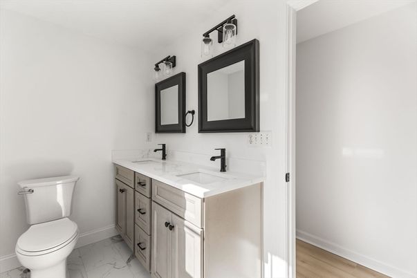 Bathroom, Dual Sink Vanities, Interior, Marble, Wood Texture Flooring