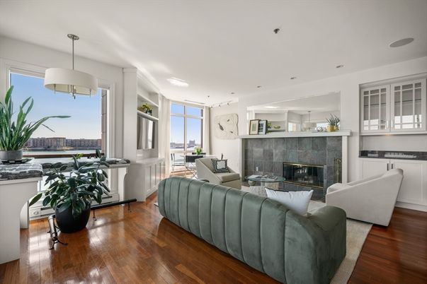Fireplace, Interior, Living room, Pendant Lights, Recessed Lighting, Wood Texture Flooring