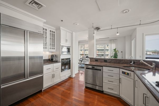 Interior, Kitchen, Recessed Lighting, Stainless Steel Appliances, Wood Texture Flooring