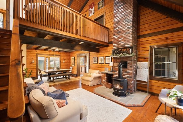 Dining room, Fireplace, Interior, Living room, Wooden Beams, Wooden Ceilings, Wood Texture Flooring, Wooden Walls