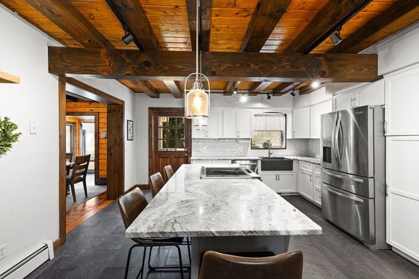 Interior, Kitchen, Pendant Lights, Stainless Steel Appliances, Wooden Beams, Wooden Ceilings, Wood Texture Flooring