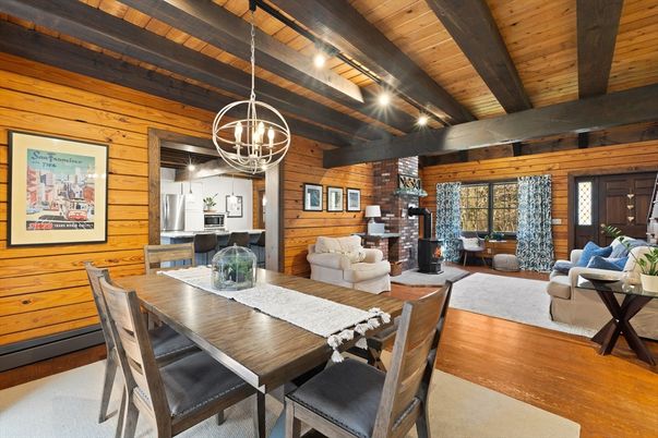 Dining room, Fireplace, Interior, Living room, Pendant Lights, Wooden Beams, Wooden Ceilings, Wood Texture Flooring, Wooden Walls