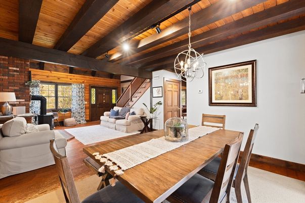 Dining room, Interior, Living room, Pendant Lights, Stone Walls, Wooden Beams, Wooden Ceilings, Wood Texture Flooring