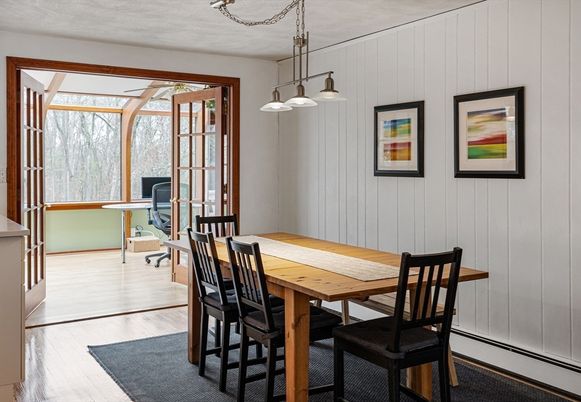 Dining room, Interior, Pendant Lights, Wood Texture Flooring