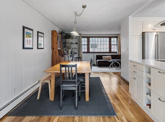 Dining room, Interior, Kitchen, Pendant Lights, Stainless Steel Appliances, Wood Texture Flooring