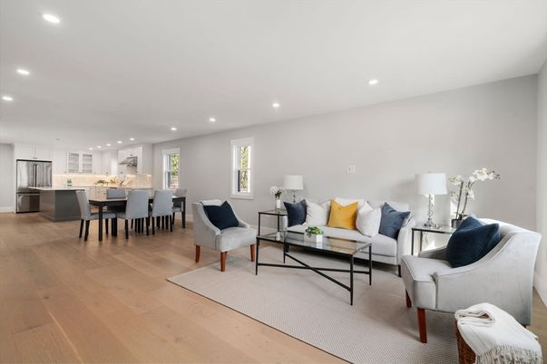 Dining room, Interior, Kitchen, Living room, Recessed Lighting, Stainless Steel Appliances, Wood Texture Flooring