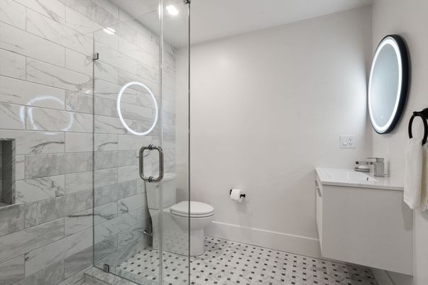 Bathroom, Glass Shower, Interior, Marble Walls, Recessed Lighting