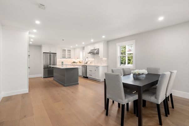 Dining room, Interior, Kitchen, Recessed Lighting, Stainless Steel Appliances, Wood Texture Flooring