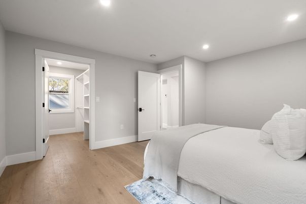 Bedroom, Interior, Recessed Lighting, Wood Texture Flooring