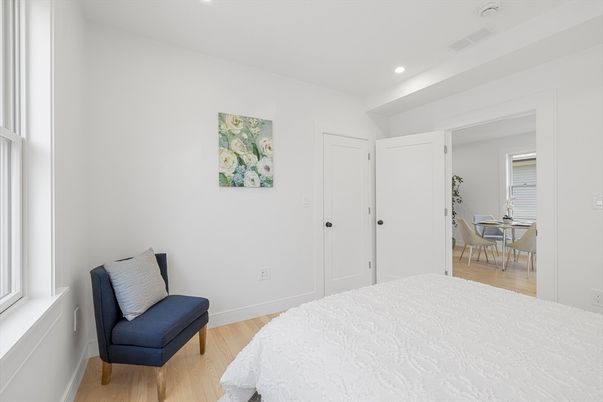 Bedroom, Dining room, Interior, Recessed Lighting, Wood Texture Flooring