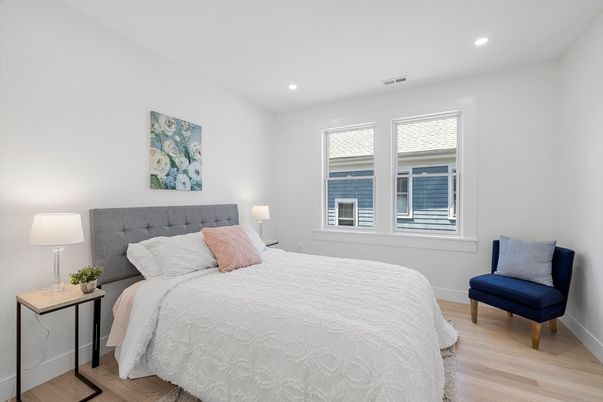 Bedroom, Interior, Recessed Lighting, Wood Texture Flooring