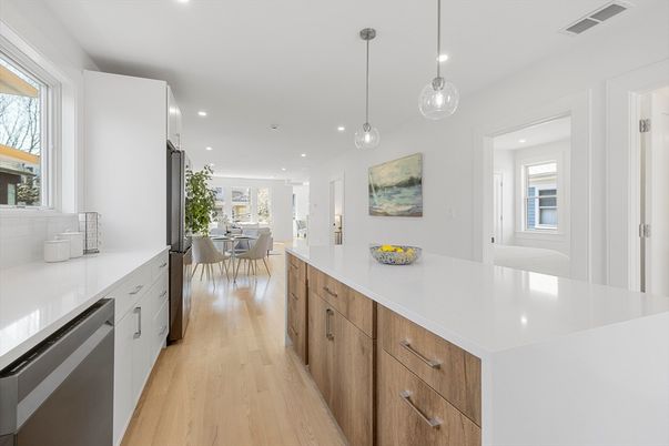 Dining room, Interior, Kitchen, Pendant Lights, Recessed Lighting, Wood Texture Flooring