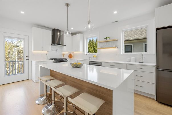 Interior, Kitchen, Pendant Lights, Recessed Lighting, Stainless Steel Appliances, Wood Texture Flooring