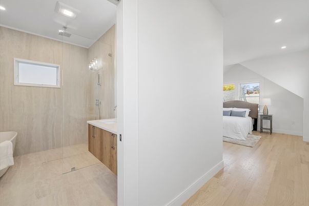 Bathroom, Bedroom, Glass Shower, Interior, Recessed Lighting, Wood Texture Flooring