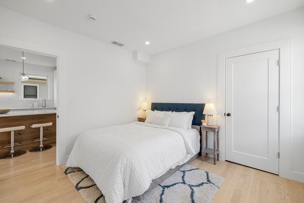Bedroom, Interior, Pendant Lights, Recessed Lighting, Wood Texture Flooring