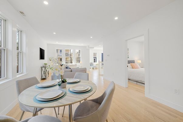 Bedroom, Dining room, Interior, Recessed Lighting, Wood Texture Flooring