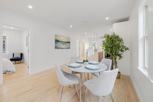 Dining room, Interior, Pendant Lights, Recessed Lighting, Wood Texture Flooring